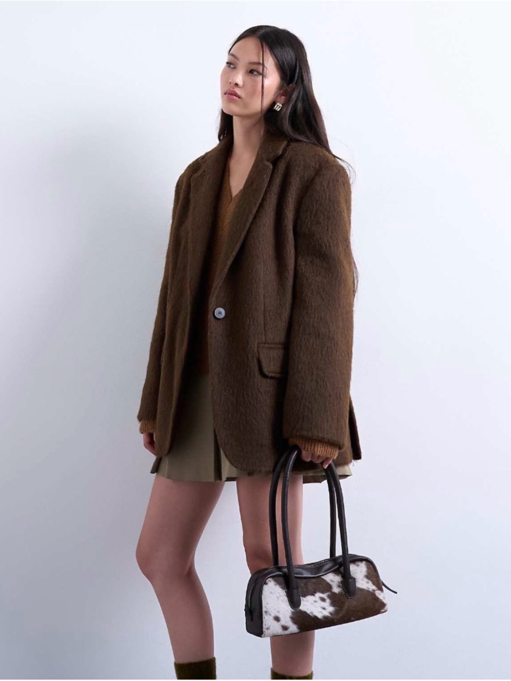 Topshop Brown Oversized Wool Blend Textured Blazer Coat